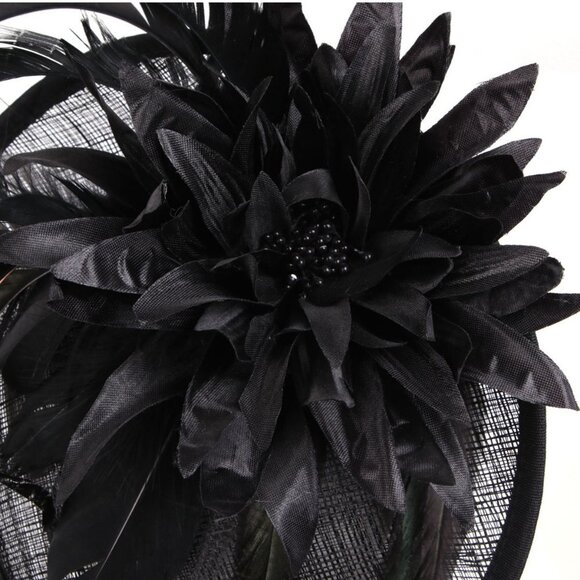 Sinamay Dipped Disk Fascinator Hat Headpeice Party Wedding Black Feather Flower - Picture 5 of 7
